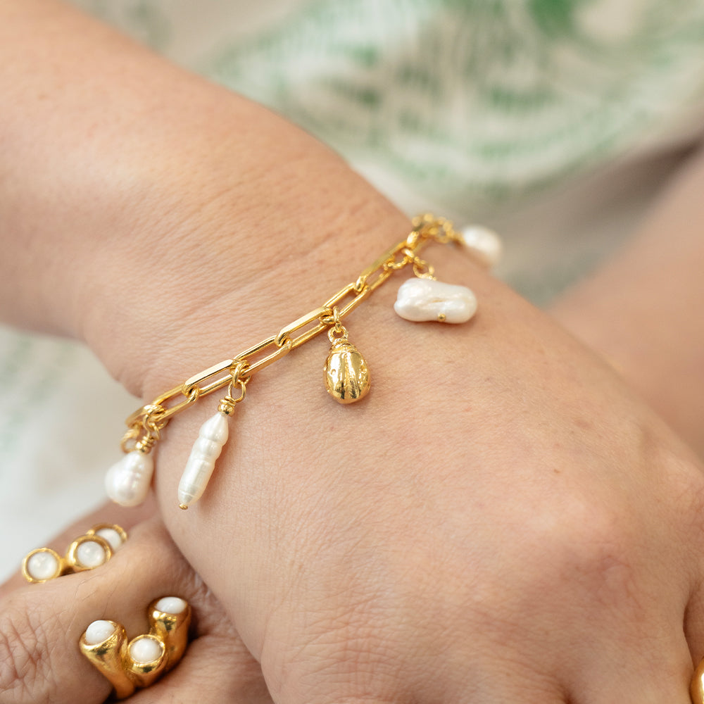 Velatti Lady Bug Freshwater Pearl Link Bracelet