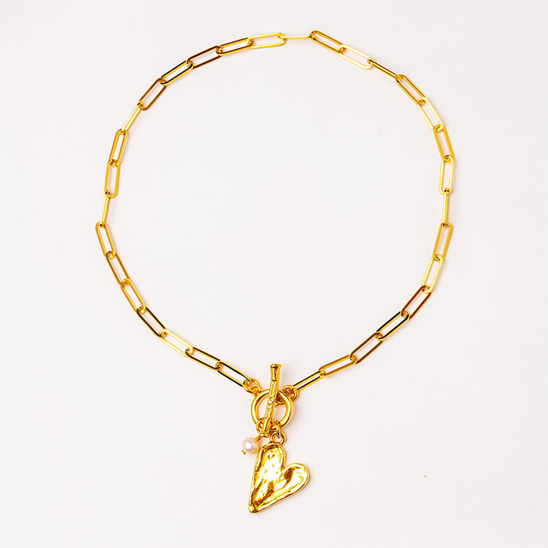 Velatti Short Link Necklace with Heart Charm and Pearl (Pre-order)