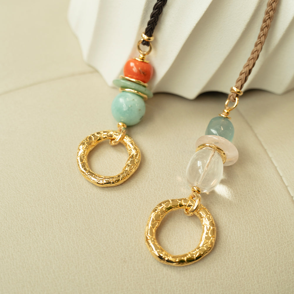 Velatti Hand Braided Cotton Necklace with Gem Stack