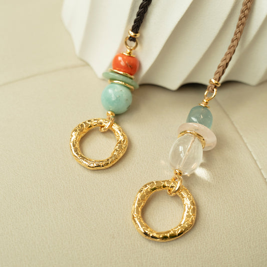 Velatti Hand Braided Cotton Necklace with Gem Stack