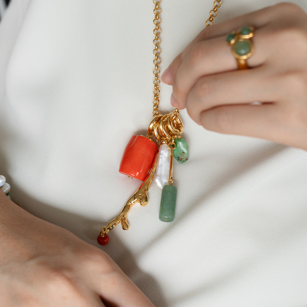 Velatti Long Chain Necklace with Multi Gemstone Drops