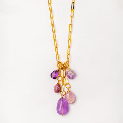 Velatti Long Links Necklace with 5 Gemstone Drop and Charms