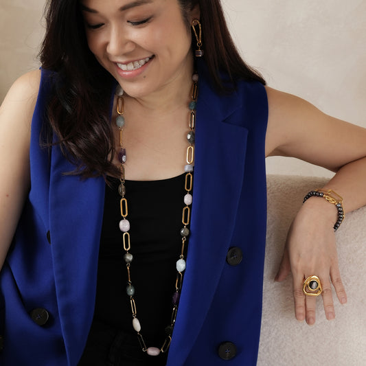 Velatti Long Links Necklace with Multi Stone