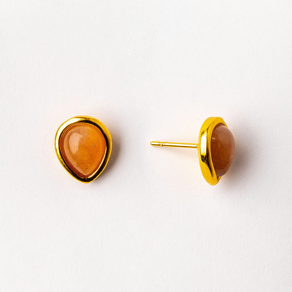 gold plated peach moonstone teardrop stud earrings