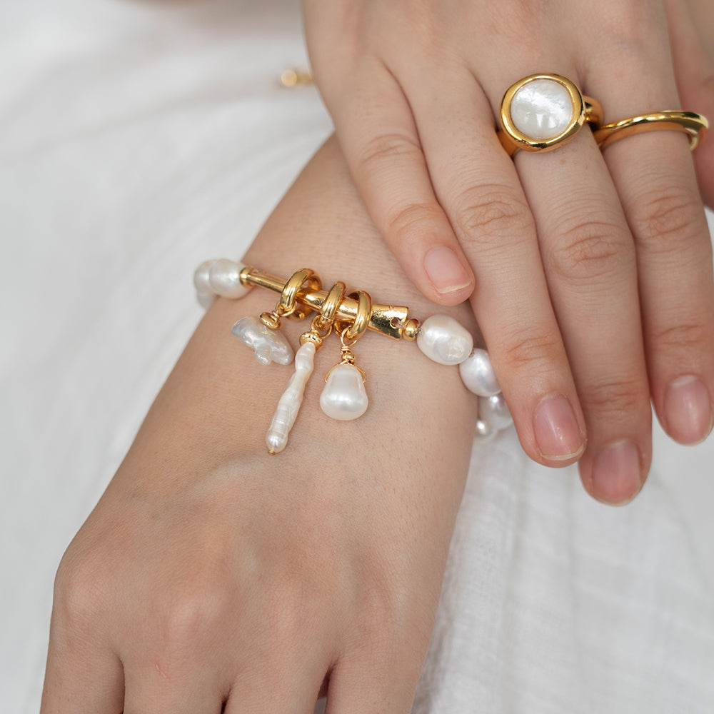 Velatti Freshwater Pearl Bar Bracelet with Charms