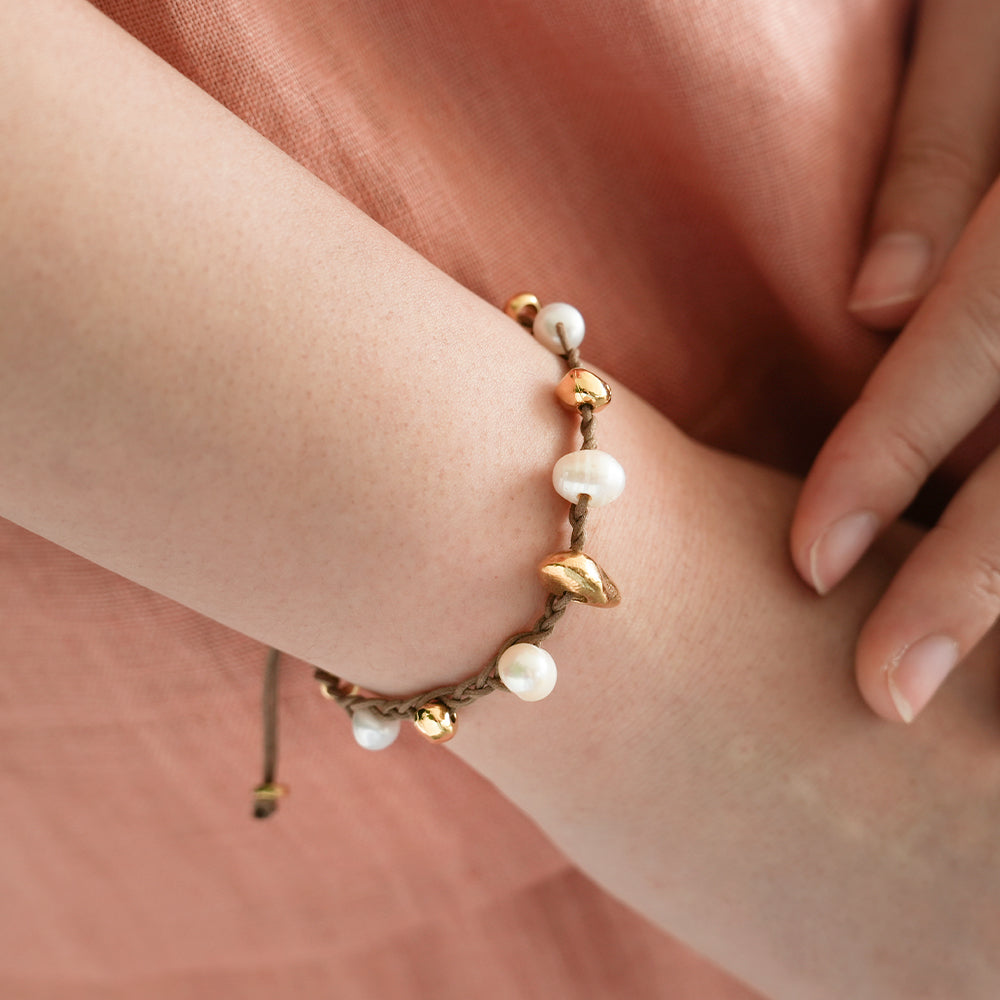 Velatti Hand Braided Freshwater Pearl and Nugget Bracelet