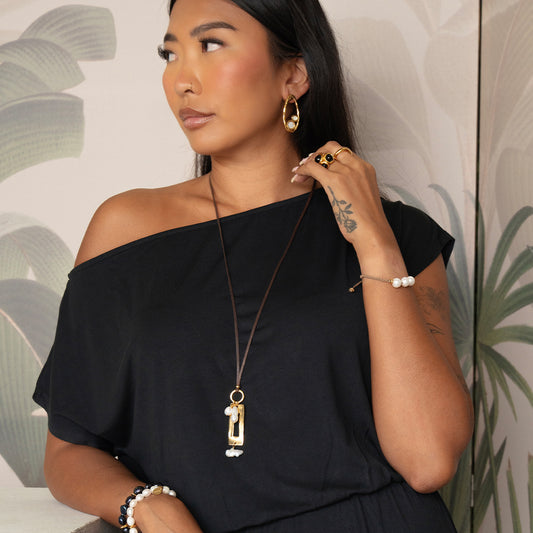 Velatti Freshwater Pearls & Rectangle Frame Necklace