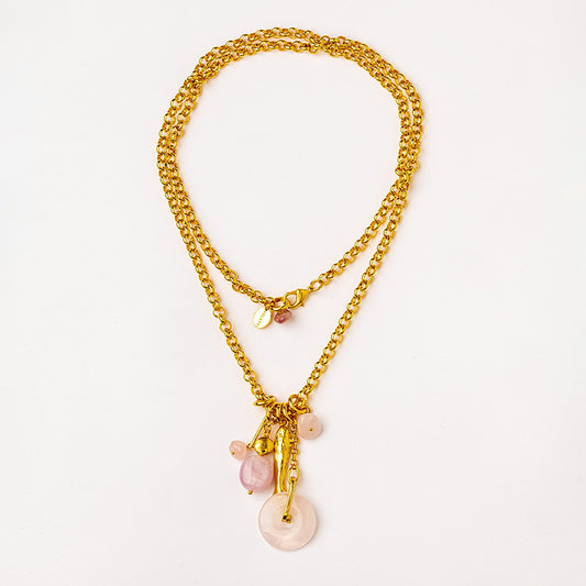 Velatti Multi Charm Long Necklace with Rose Quartz & Kuncite