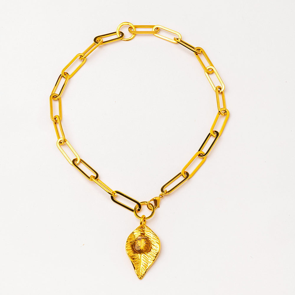 Velatti Leaf Charm Link Necklace with Gemstone