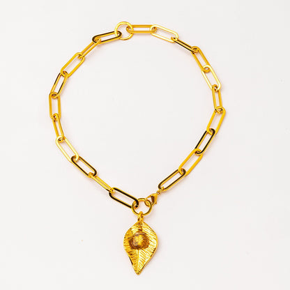 Velatti Leaf Charm Link Necklace with Gemstone