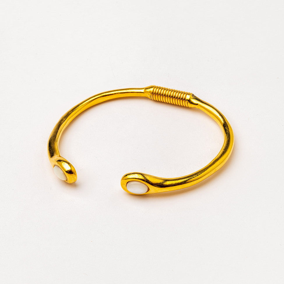 velatti gold plated spring hinge cuff with mother of pearl