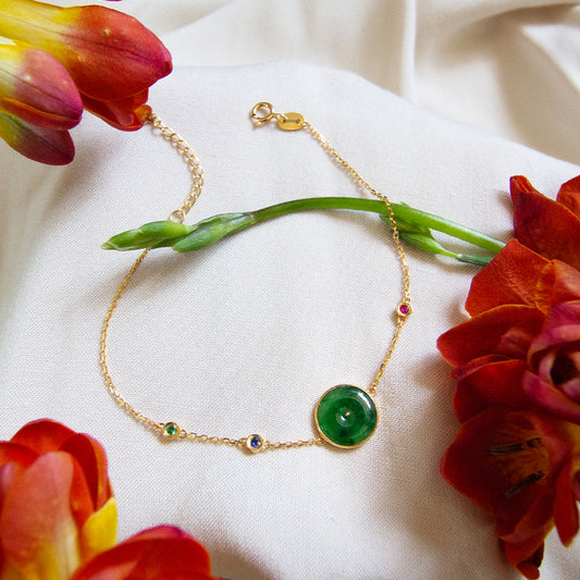 Jade Donut 18k Gold Bracelet with Ruby, Sapphire & Tsavorite