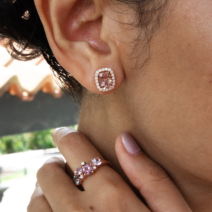 Pink Tourmaline 14k Gold Earrings with Diamond Halo