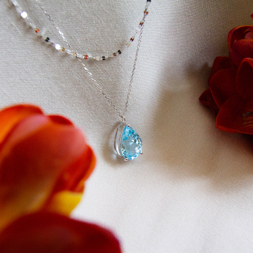 Natural Blue Topaz Double Layer 18k White Gold Necklace