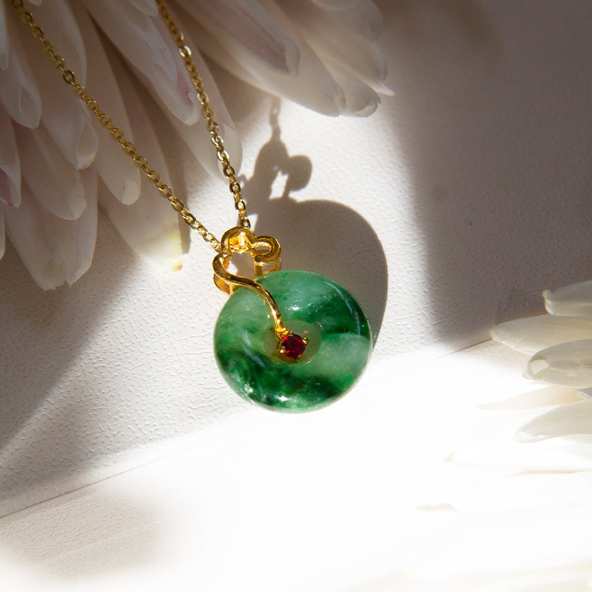 Head in the Clouds Jade 18k Gold Pendant with Ruby