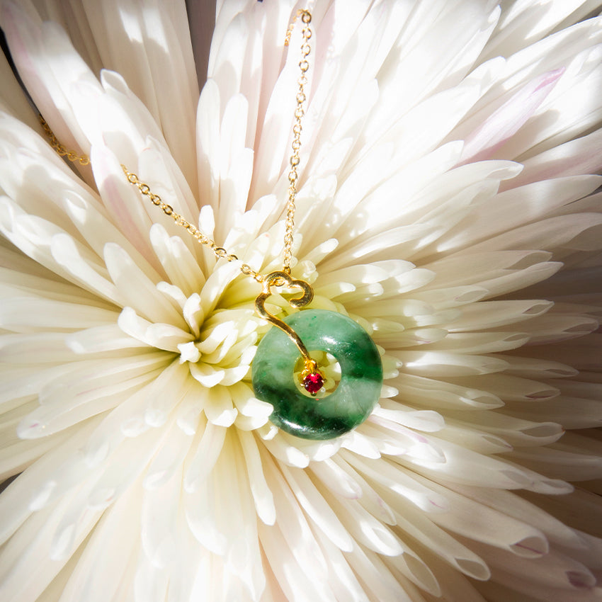 Head in the Clouds Jade 18k Gold Pendant with Ruby