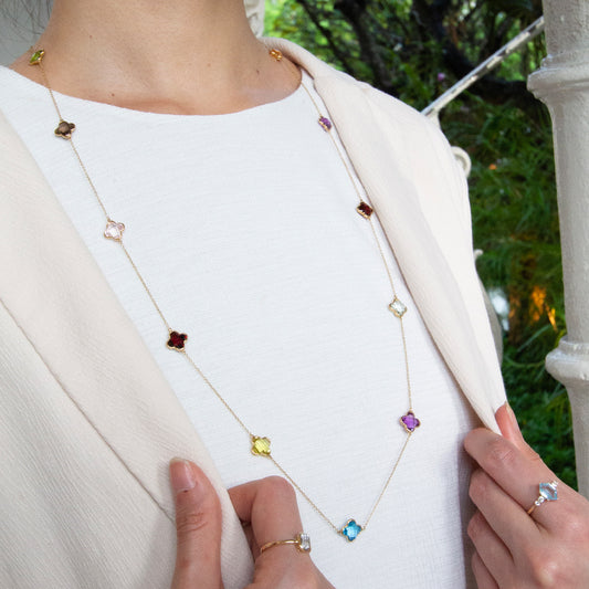 Clover Multi Gem Long 18k Gold Necklace