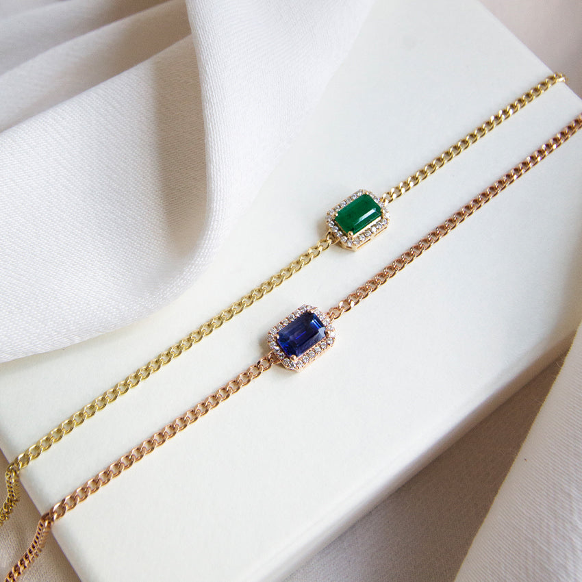 Emerald & Diamond Halo 18k Gold Bracelet