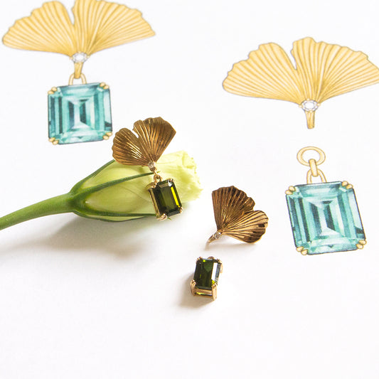 Ginkgo Leaf Three Ways Earrings with Green Tourmaline and Diamonds