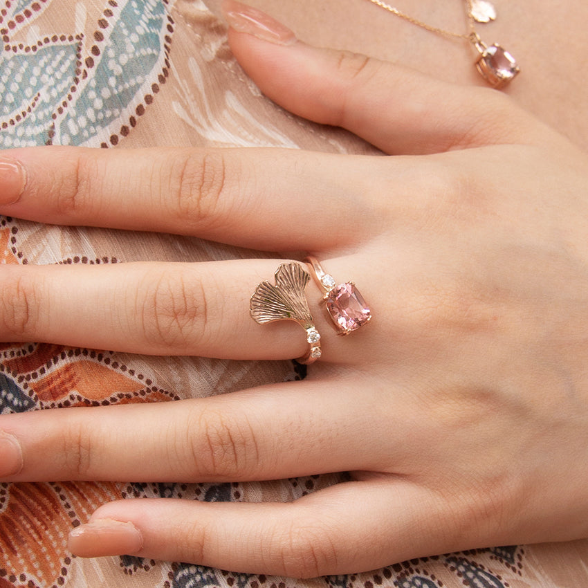 Ginkgo Twist Ring with Pink Tourmaline and Diamonds