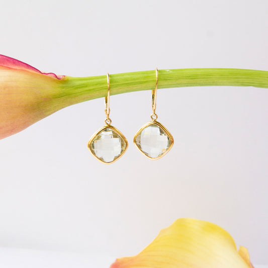 Green Amethyst Square Cut 14k Gold Earring