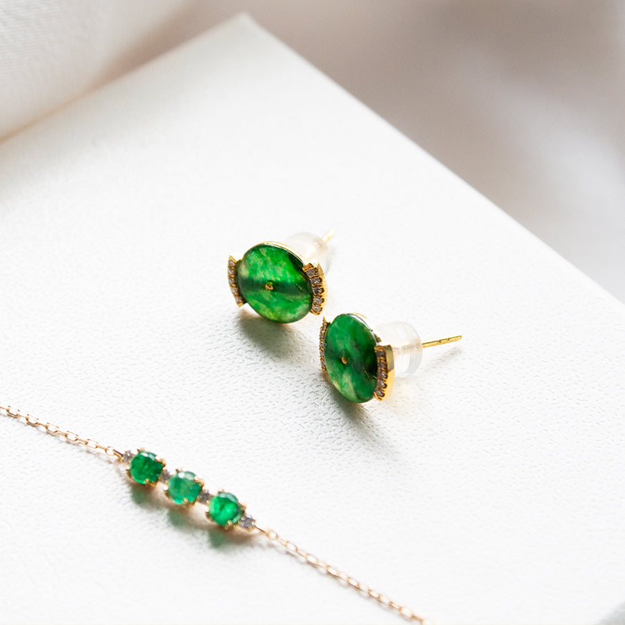 Jade Donut and Diamond 18K Gold Studs