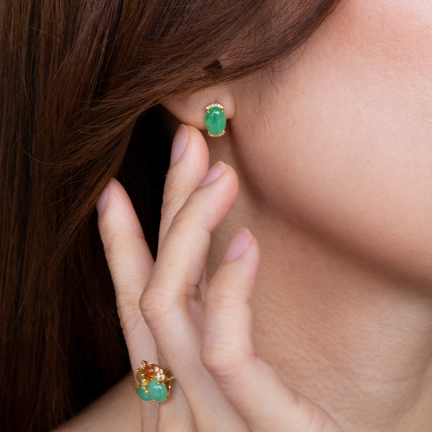 (PRE-ORDER) Oval Jade 18k Gold Studs with Diamond Crown