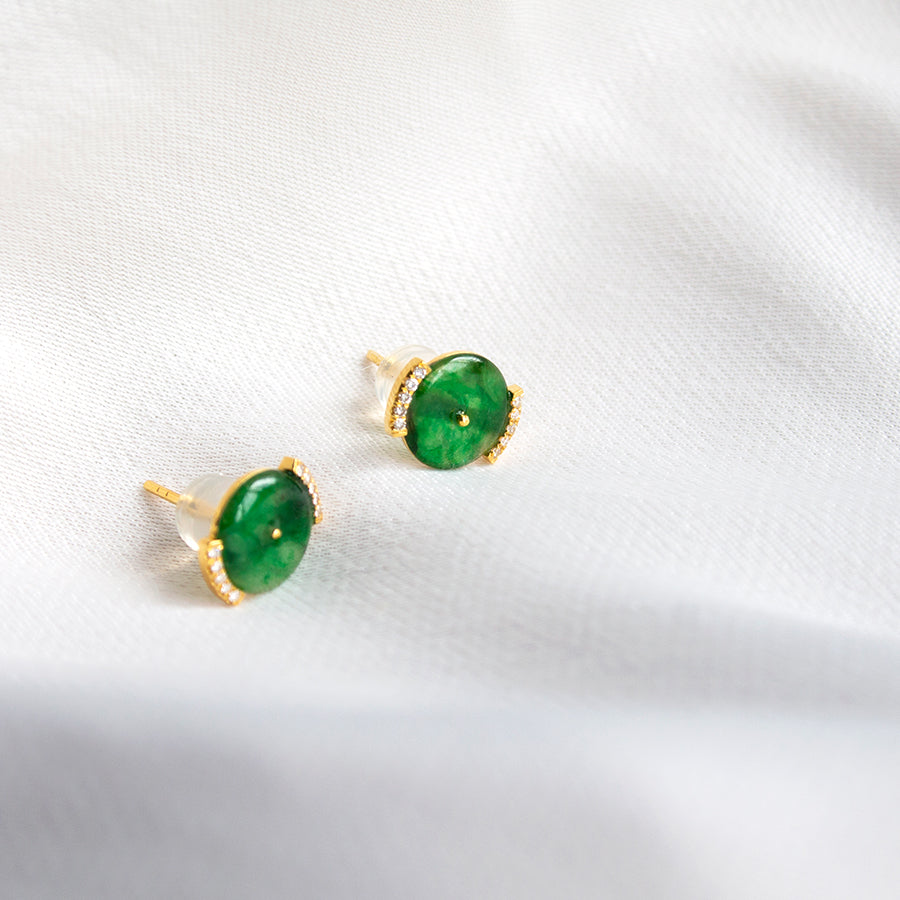 Jade Donut and Diamond 18K Gold Studs