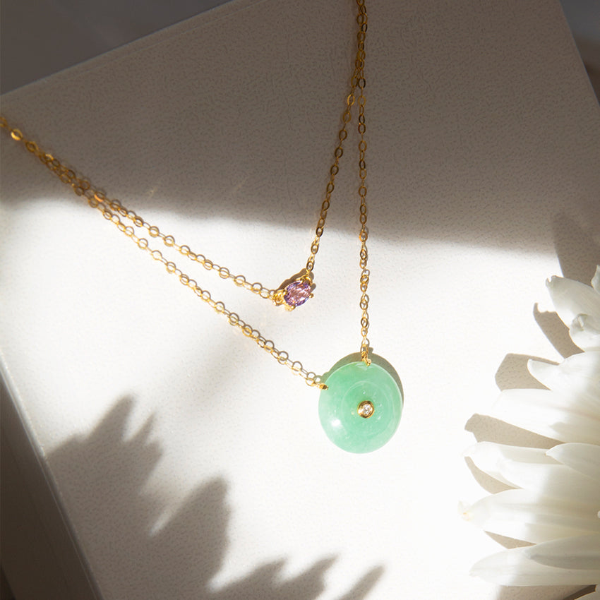 Diamond Jade Donut with Aquamarine or Amethyst Double Layer Necklace