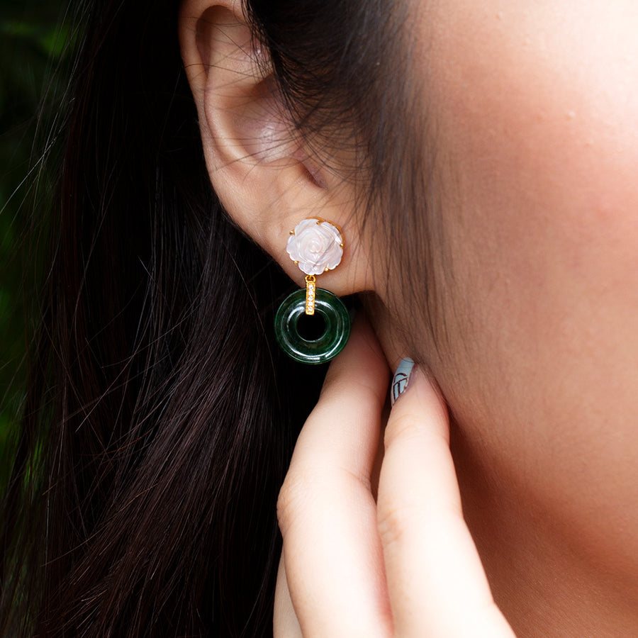 Pink Mother of Pearl Flower With Jade Donut 18K Gold Earrings