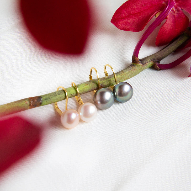 Grey Button Pearl Earrings Back Clasp