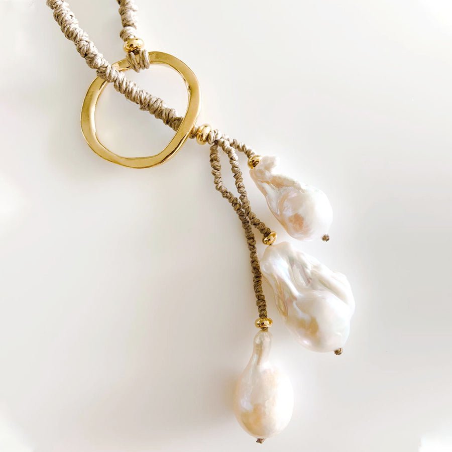 Velatti 3 Baroque Pearl Hand Knotted Linen Lariat Necklace