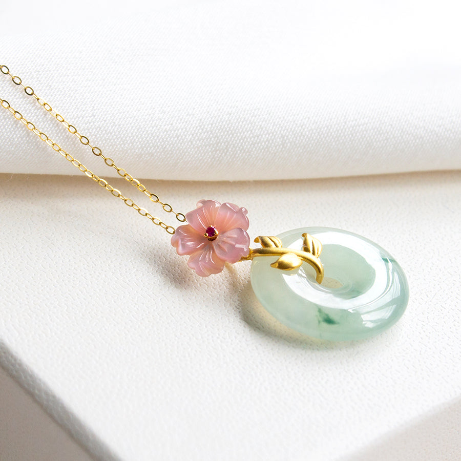 Pink Mother of Pearl Flower Ruby & Jade 18K Gold Necklace