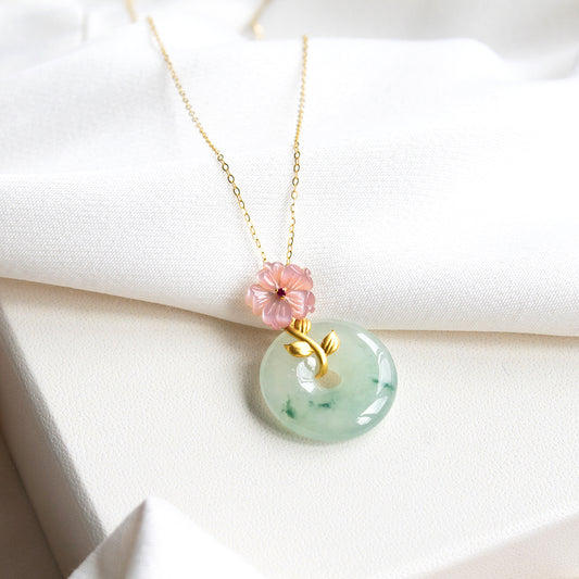 (PRE-ORDER) Pink Mother of Pearl Flower Ruby & Jade 18K Gold Necklace