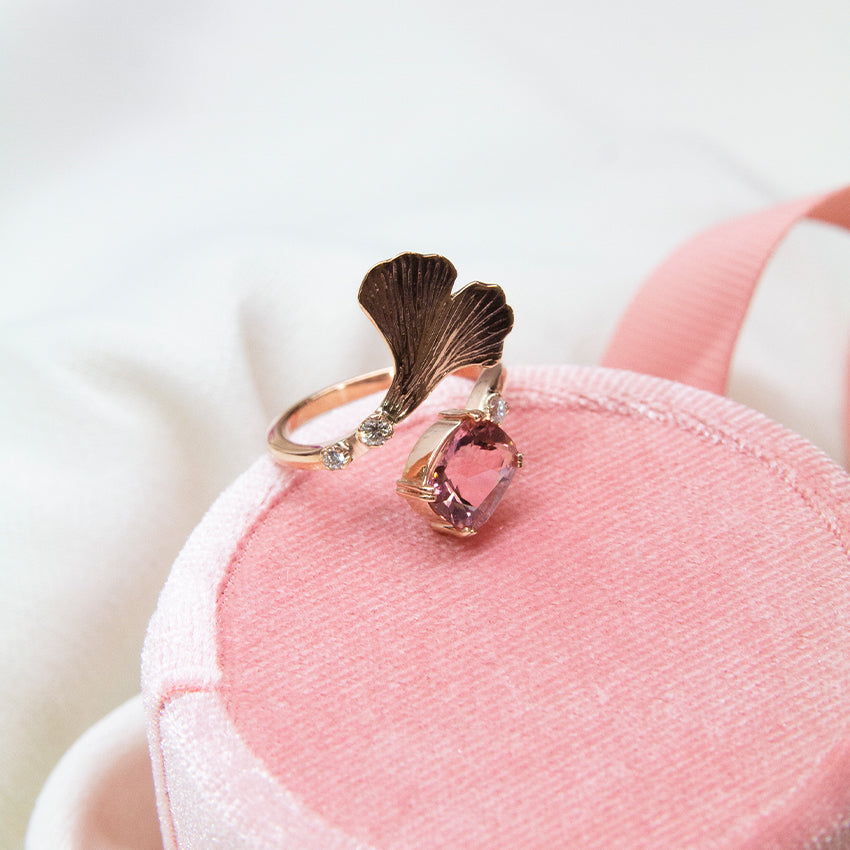 Ginkgo Twist Ring with Pink Tourmaline and Diamonds