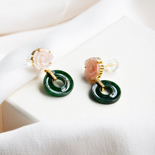 (PRE-ORDER) Pink Mother of Pearl Flower With Jade Donut 18K Gold Earrings