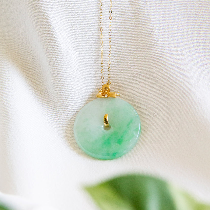 Flower Hook Jade Pendant with Diamonds and 18k Gold Chain